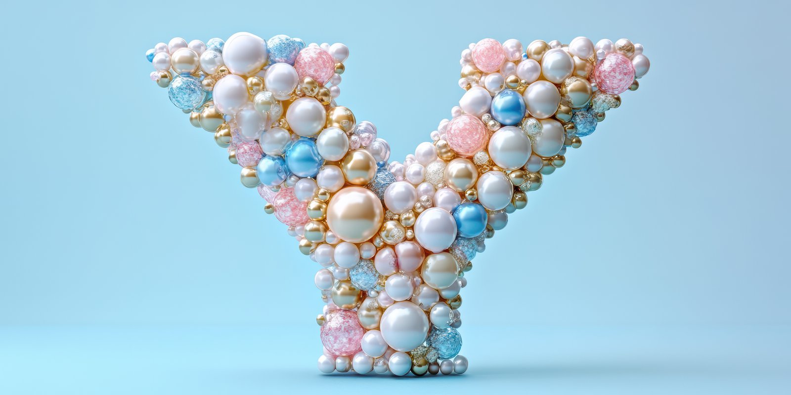 Unique decorative letter Y composed of colorful beads and pearls on a soft blue background
